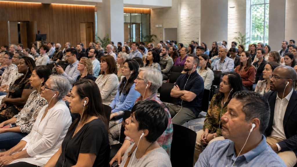 Audience listening to live AI interpretation for Language Service Providers